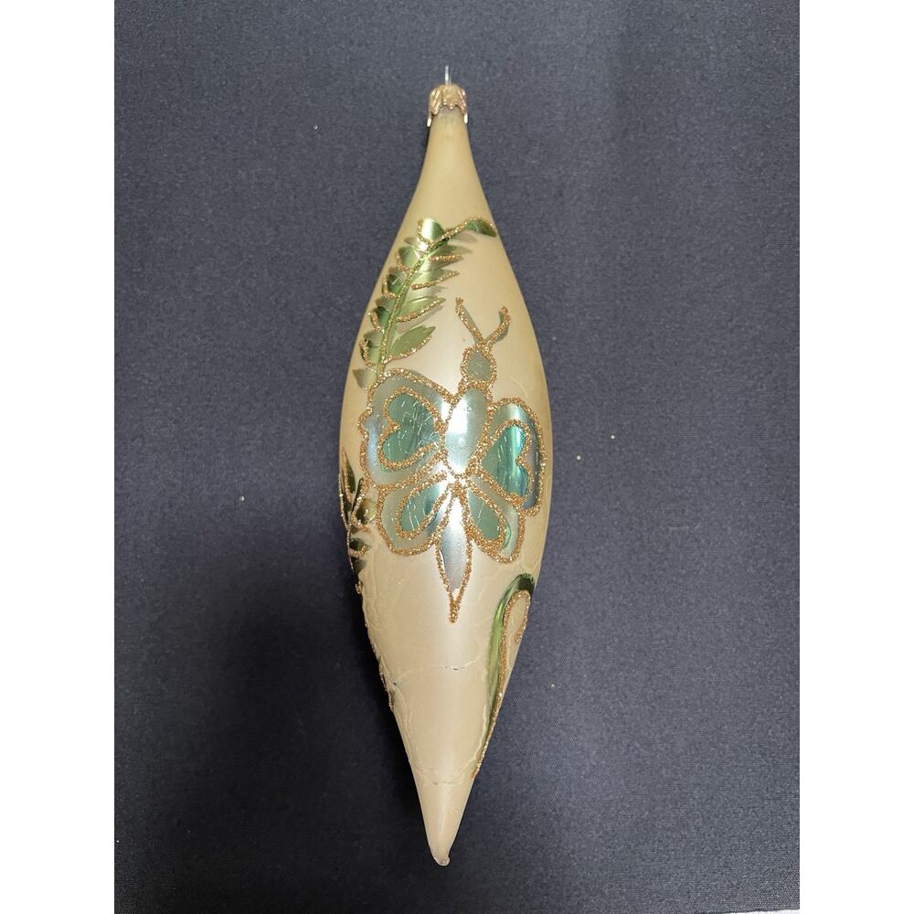Vintage Teardrop Hand Blown Glass 7"Ornament. Gold with Green Butterflies
